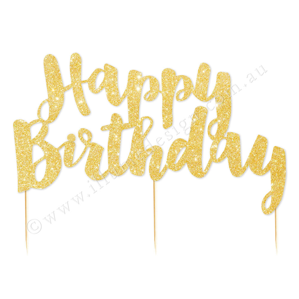 Happy Birthday Cake Topper, Cursive Lettering, Gold Glitter Party  Decorations, Birthday Cake Topper 