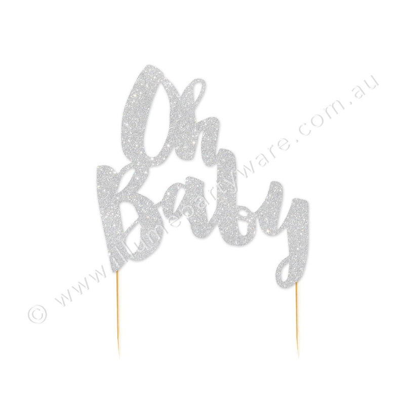 Oh Baby Silver Glitter Cake Topper - 1 Pce