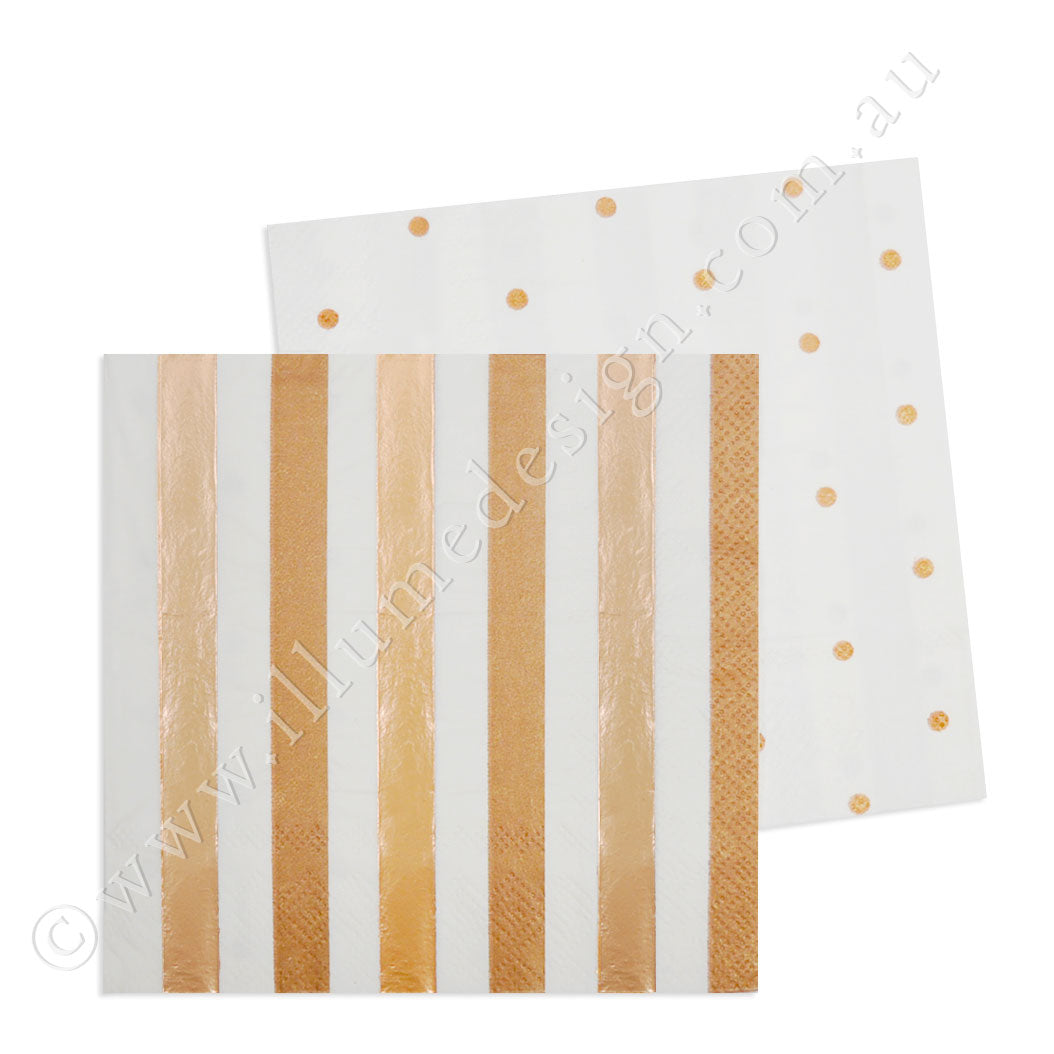 Rose Gold Stripes & Dots Cocktail Napkin - Pack of  20