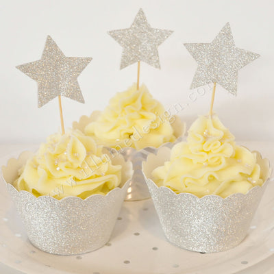 Gold & Silver Glitter Star Reversible Cupcake Topper - 12 Pce