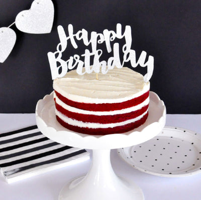 Happy Birthday Silver Glitter Cake Topper - 1 Pce