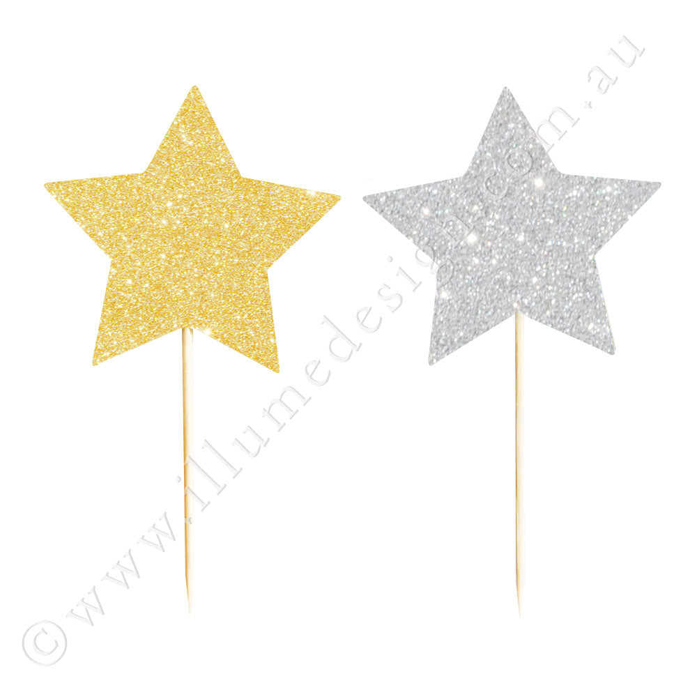 Gold & Silver Glitter Star Reversible Cupcake Topper - 12 Pce